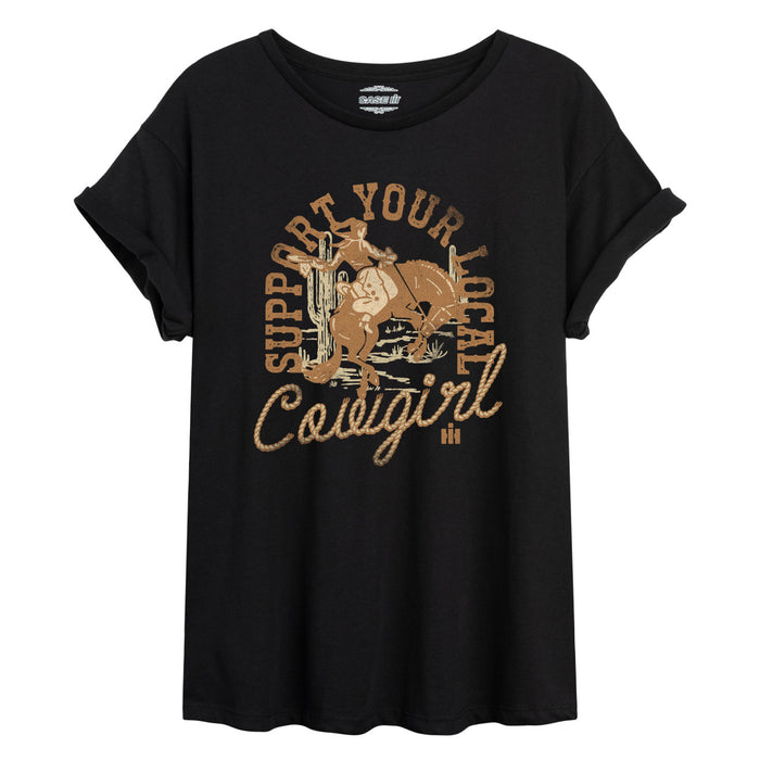 Case IH - Support Your Local Cowgirl Vintage Fade - Juniors Oversized Short Sleeve Tee