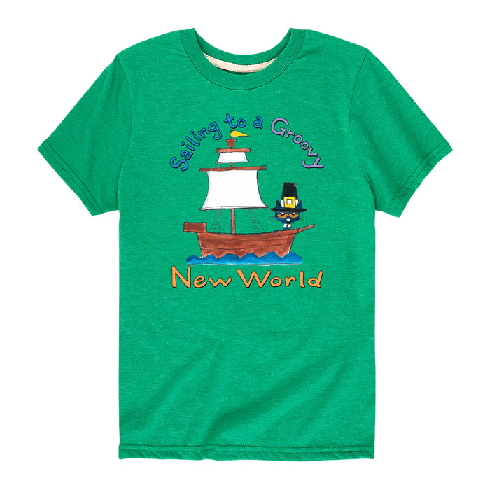Pete the Cat Sailing to a Groovy New World Youth Short Sleeve Tee