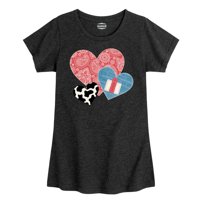 Cowboy Pattern Hearts IH Girls Fitted Short Sleeve Tee