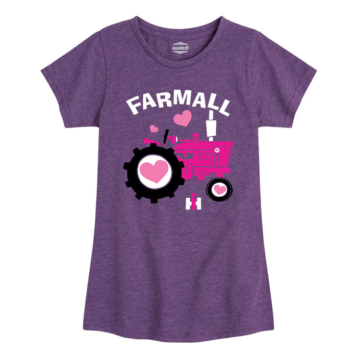 Pink Farmall Tractor Hearts Girls Short Sleeve Tee