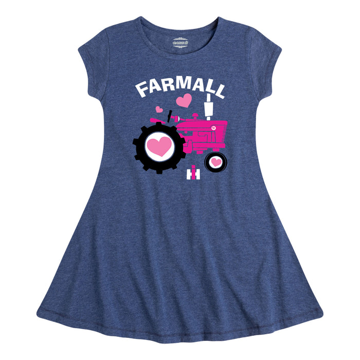 Pink Farmall Tractor Hearts Girls Fit And Flare Dress