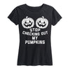 Stop Checking Out My Pumpkins Womenss Short Sleeve Classic Fit Tee