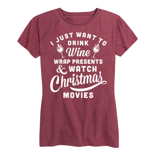 Wine Presents Christmas Movies Ladies Short Sleeve Classic Fit Tee