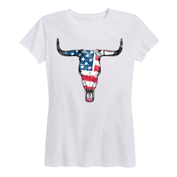 American Flag Steer Skull Ladies Short Sleeve Classic Fit Tee