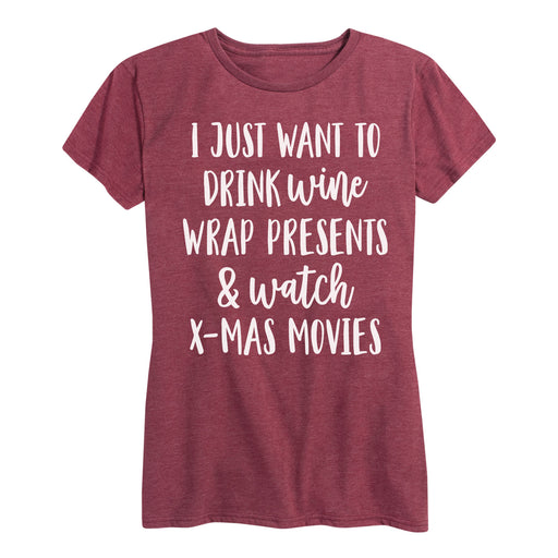 Wine Presents Christmas Movies Ladies Short Sleeve Classic Fit Tee