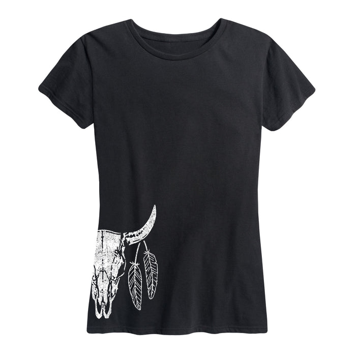 Steer Skull Feathers Side Hit Womenss Short Sleeve Classic Fit Tee