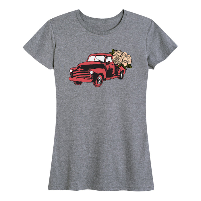 Vintage Truck With Flowers Ladies Short Sleeve Classic Fit Tee
