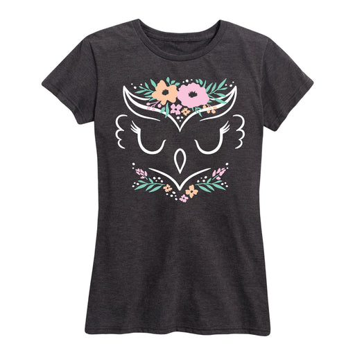 Owl Face With Flower Crown Ladies Short Sleeve Classic Fit Tee